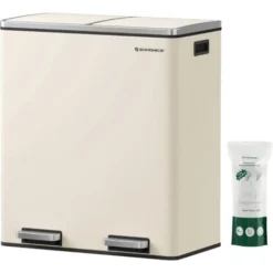 Poubelle à Double Compartiment 2 X 30L, Avec 15 Sacs Poubelles, Pédales En Métal, 2 Seaux En Plastique, Couvercles, Poignées, Fermeture En Douceur, Hermétique, Blanc Cassé LTB060A01 Par SONGMICS