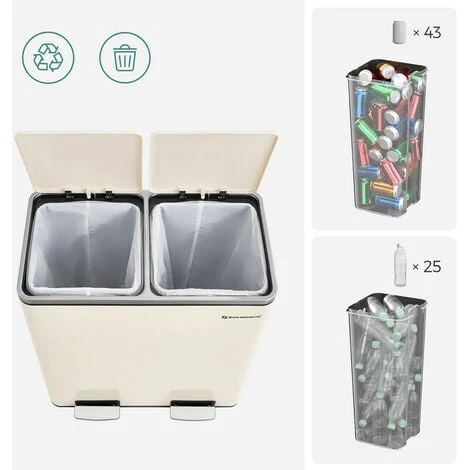 Poubelle à Double Compartiment 2 X 30L, Avec 15 Sacs Poubelles, Pédales En Métal, 2 Seaux En Plastique, Couvercles, Poignées, Fermeture En Douceur, Hermétique, Blanc Cassé LTB060A01 Par SONGMICS 5 Poubelle à Double Compartiment 2 X 30L, Avec 15 Sacs Poubelles, Pédales En Métal, 2 Seaux En Plastique, Couvercles, Poignées, Fermeture En Douceur, Hermétique, Blanc Cassé LTB060A01 Par SONGMICS – Image 5
