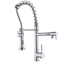Robinet Mitigeur De Cuisine Robinet D'évier De Cuisine à Ressort Avec Pulvérisateur Mitigeur D'évier Avec Bec Double Monté Sur Le Pont,Chrome GH B