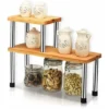 Giantex Etagère à Epices à 2 Niveaux,Porte-Epices En Bambou & Acier INOX, Rangement Epices Cuisine Gain De Place, IdEale Pour Cuisine,Salle De Bain, 45 X 16 X 35 CM