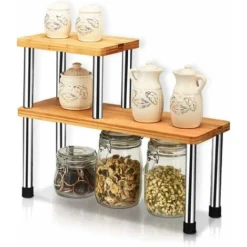 Giantex Etagère à Epices à 2 Niveaux,Porte-Epices En Bambou & Acier INOX, Rangement Epices Cuisine Gain De Place, IdEale Pour Cuisine,Salle De Bain, 45 X 16 X 35 CM