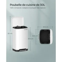 Songmics 30L Poubelle De Cuisine En Acier Inoxydable à Pédale Blanc LTB01W -Promos Gout Cuisine Boutique 5726083 5