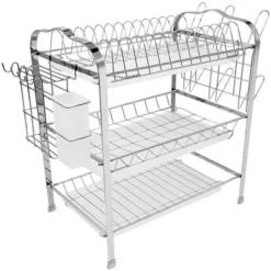 Égouttoir à Vaisselle Rack 3 Niveaux Cuisine Couverts Tasse Assiettes Support évier égouttoir Plateau Ovale Tube-trois Assiettes-tasse D'eau-assiette Blanc