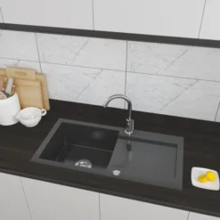 Évier De Cuisine 87x44x20cm Un Bac Noir En Inox Avec égouttoir Livré Avec Un Siphon En Inox Modèle A8BP