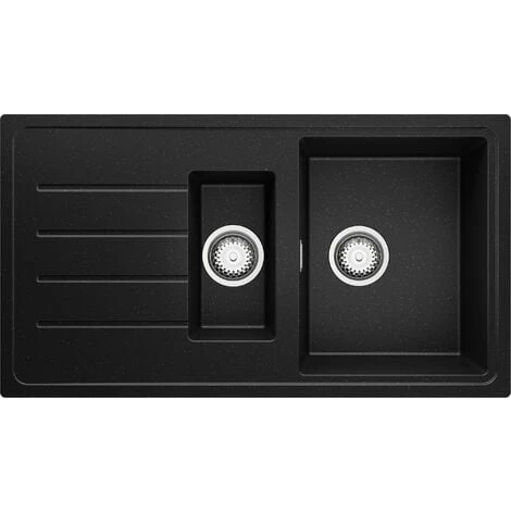 Evier Cuisine En Granit Noir Metallic, 90 X 50 Cm, Lavabo 1,5 Bac + Siphon Classique, Évier à Encastrer De Primagran 1 Evier Cuisine En Granit Noir Metallic, 90 X 50 Cm, Lavabo 1,5 Bac + Siphon Classique, Évier à Encastrer De Primagran