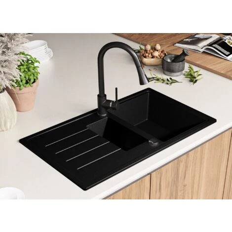 Evier Cuisine En Granit Noir Metallic, 90 X 50 Cm, Lavabo 1,5 Bac + Siphon Classique, Évier à Encastrer De Primagran 2 Evier Cuisine En Granit Noir Metallic, 90 X 50 Cm, Lavabo 1,5 Bac + Siphon Classique, Évier à Encastrer De Primagran – Image 2