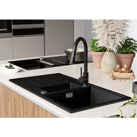 Evier Cuisine En Granit Noir Metallic, 90 X 50 Cm, Lavabo 1,5 Bac + Siphon Classique, Évier à Encastrer De Primagran 3 Evier Cuisine En Granit Noir Metallic, 90 X 50 Cm, Lavabo 1,5 Bac + Siphon Classique, Évier à Encastrer De Primagran – Image 3