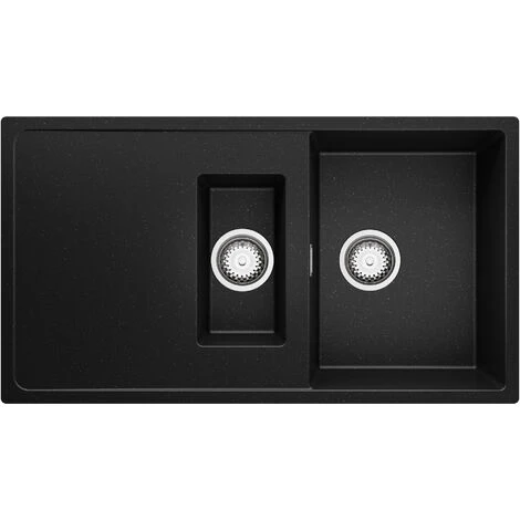 Evier Cuisine En Granit Noir Metallic, 90 X 50 Cm, Lavabo 1,5 Bac + Siphon Classique, Évier à Encastrer Ibiza 900 Duo De Primagran 1 Evier Cuisine En Granit Noir Metallic, 90 X 50 Cm, Lavabo 1,5 Bac + Siphon Classique, Évier à Encastrer Ibiza 900 Duo De Primagran