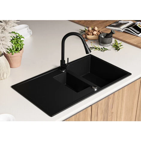 Evier Cuisine En Granit Noir Metallic, 90 X 50 Cm, Lavabo 1,5 Bac + Siphon Classique, Évier à Encastrer Ibiza 900 Duo De Primagran 2 Evier Cuisine En Granit Noir Metallic, 90 X 50 Cm, Lavabo 1,5 Bac + Siphon Classique, Évier à Encastrer Ibiza 900 Duo De Primagran – Image 2