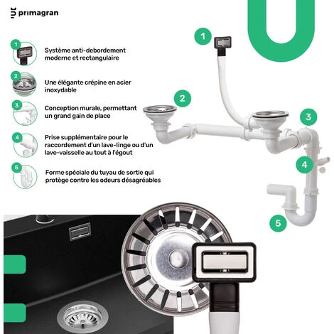 Evier Cuisine En Granit Noir Metallic, 90 X 50 Cm, Lavabo 1,5 Bac + Siphon Classique, Évier à Encastrer Ibiza 900 Duo De Primagran 4 Evier Cuisine En Granit Noir Metallic, 90 X 50 Cm, Lavabo 1,5 Bac + Siphon Classique, Évier à Encastrer Ibiza 900 Duo De Primagran – Image 4