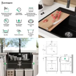 Evier Cuisine En Granit Noir, 59 X 50 Cm, Lavabo 1 Bac + Siphon Classique, Évier à Encastrer Oslo 60 XL De Primagran -Promos Gout Cuisine Boutique 60907590 5