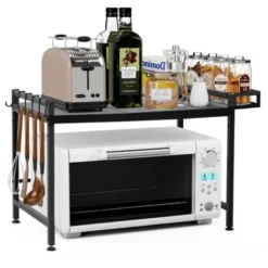 KotiCidsin Support De Four à Micro-Ondes,tablette Extensible Et Réglable En Hauteur,Livré Avec 6 Crochets Et 1 étagère à épices,Noir