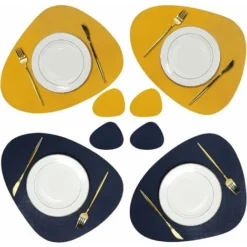 Sets De Napperons Et Sous-Verres 4, Napperon En Cuir PU Antidérapant Essuyable Imperméable Pour Cuisine Intérieure Table à Manger Restaurant (Bleu Foncé/Jaune)