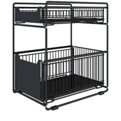 BATHRINS®Panier De Rangement Coulissant à 2 Niveaux Tiroir Organisateur En Métal Porte-épices Panier Coulissant Sous évier Etagère De Rangement Pour Comptoir De Cuisine, Garde-manger, Maison, Bureau N