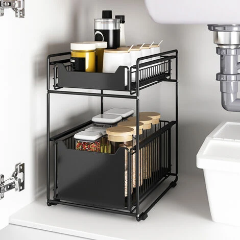 BATHRINS®Panier De Rangement Coulissant à 2 Niveaux Tiroir Organisateur En Métal Porte-épices Panier Coulissant Sous évier Etagère De Rangement Pour Comptoir De Cuisine, Garde-manger, Maison, Bureau N 3 BATHRINS®Panier De Rangement Coulissant à 2 Niveaux Tiroir Organisateur En Métal Porte-épices Panier Coulissant Sous évier Etagère De Rangement Pour Comptoir De Cuisine, Garde-manger, Maison, Bureau N – Image 3