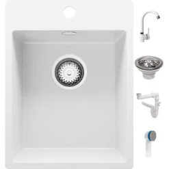 Evier Cuisine En Granit Blanc, 40 X 50 Cm, Lavabo 1 Bac + Robinet 5000 + Siphon Classique, Évier à Encastrer Riga 40 XL De Primagran