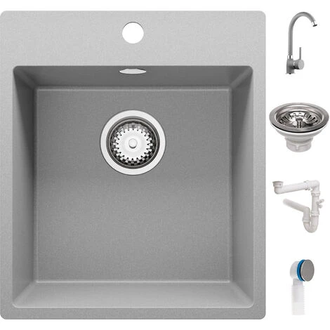 Evier Cuisine En Granit Gris, 44 X 53 Cm, Lavabo 1 Bac + Robinet 5000 + Siphon Classique, Évier à Encastrer Riga 440 De Primagran 1 Evier Cuisine En Granit Gris, 44 X 53 Cm, Lavabo 1 Bac + Robinet 5000 + Siphon Classique, Évier à Encastrer Riga 440 De Primagran