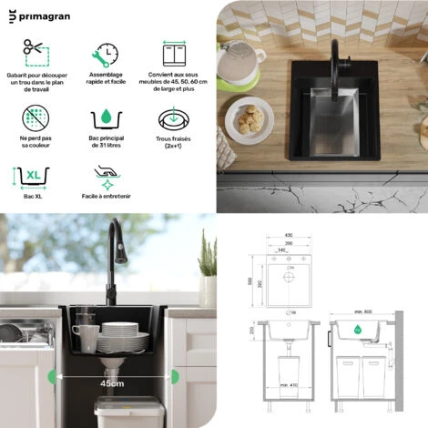 Evier Cuisine En Granit Gris, 44 X 53 Cm, Lavabo 1 Bac + Robinet 5000 + Siphon Classique, Évier à Encastrer Riga 440 De Primagran 5 Evier Cuisine En Granit Gris, 44 X 53 Cm, Lavabo 1 Bac + Robinet 5000 + Siphon Classique, Évier à Encastrer Riga 440 De Primagran – Image 5