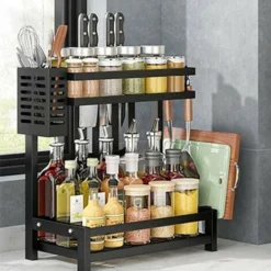 2 Niveaux Porte Epices Cuisine, Détachable Rangement Epices Avec Porte-Couteaux Et Planche à Découper, Noir