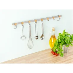 WENKO Barre De Crédence Cuisine Premium Porte Ustensiles De Cuisine Mural Avec 8 Crochets En Acier Inox, Métal - Bambou, 60x4x2,5 Cm, Argent - Marron