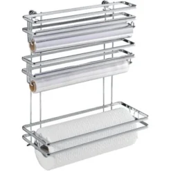 WENKO Distributeur Sopalin Mural Style 3en1, Distributeur Film Alimentaire, Papier Aluminium Et Dévidoir Essuie Tout Mural, Métal, 32x33x13 Cm, Argent
