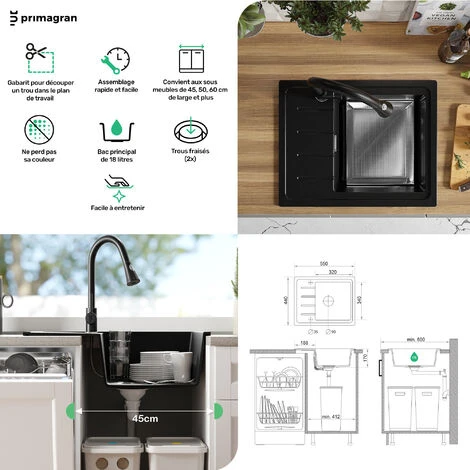 Evier Cuisine En Granit Gris, 44 X 55 Cm, Lavabo 1 Bac + Siphon Classique, Évier à Encastrer De Primagran 5 Evier Cuisine En Granit Gris, 44 X 55 Cm, Lavabo 1 Bac + Siphon Classique, Évier à Encastrer De Primagran – Image 5