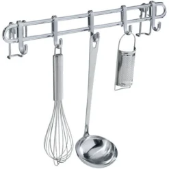 WENKO Barre De Crédence Cuisine Style Porte Ustensiles De Cuisine Mural Avec 5 Crochets En Acier Inox, Métal, 40x6,5x3 Cm, Argent