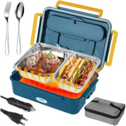 Lunch Box Chauffant 3 En 1 Isotherme Boîte Repas Gamelle Chauffante 1,2L Isotherme Electrique 220V 12V-24V 25x18x8cm(LxPxH)