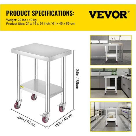 VEVOR Table De Travail Inox Cuisine à Roulettes 61x46 Cm Pour Préparation De Cuisine 2 VEVOR Table De Travail Inox Cuisine à Roulettes 61x46 Cm Pour Préparation De Cuisine – Image 2