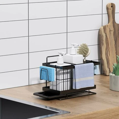 RHAFAYRE Organisateur Evier Cuisine, Rangement Mural Pour Eponge, Brosse, Liquide Vaisselle, Porte Eponge Mural En Acier Inoxydable Noir-20 16 14 Cm 5 RHAFAYRE Organisateur Evier Cuisine, Rangement Mural Pour Eponge, Brosse, Liquide Vaisselle, Porte Eponge Mural En Acier Inoxydable Noir-20 16 14 Cm – Image 5