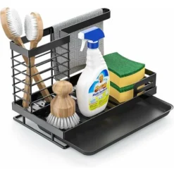 RHAFAYRE Porte Eponge Evier Cuisine, Rangement Évier Cuisine Support Brosse Éponge Organisateur Avec Plateau Drainage, Stockage Liquide Vaisselle, éponge, Brosse Nettoyage, Torchons (Noir) 25x15.5x14.