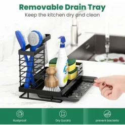 RHAFAYRE Porte Eponge Evier Cuisine, Rangement Évier Cuisine Support Brosse Éponge Organisateur Avec Plateau Drainage, Stockage Liquide Vaisselle, éponge, Brosse Nettoyage, Torchons (Noir) 25x15.5x14. -Promos Gout Cuisine Boutique 69588592 3