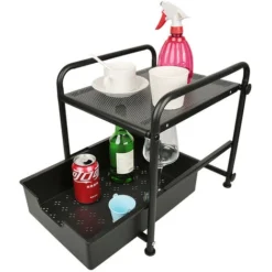 Panier De Rangement Coulissant à 2 Niveaux, Panier Coulissant Sous Evier,Tiroir Organisateur, Porte-épices, Etagère De Rangement Pour Comptoir De Cuisine-373138cm