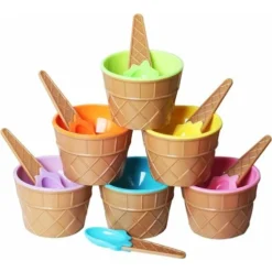 Lot De 6 Bols à Dessert De Glaces Et Cuillères Assortie – Plastique – Cute Coloris Assortis – Gaufré Motif