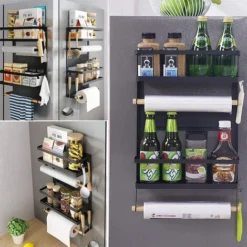 Support Magnétique Pour Réfrigérateur à Épices, Porte Serviettes En Papier, Étagère à Épices, Rangement Pour Cuisine, Avec Crochets Mobiles (Noir) -Promos Gout Cuisine Boutique 74064121 4