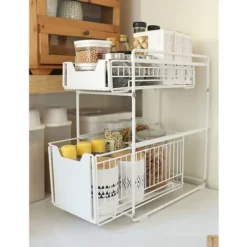 Panier De Rangement Coulissant à 2 Niveaux, Tiroir Organisateur, Porte-épices, Panier Coulissant Sous Evier, Etagère De Rangement Pour Comptoir De Cuisine, Garde-Manger, Bureau(Blanc)