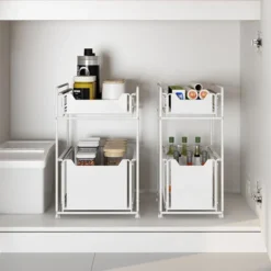 Panier De Rangement Coulissant à 2 Niveaux, Tiroir Organisateur, Porte-épices, Panier Coulissant Sous Evier, Etagère De Rangement Pour Comptoir De Cuisine, Garde-Manger, Bureau(Blanc) -Promos Gout Cuisine Boutique 74157803 5