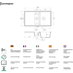 Evier Cuisine Graphite, 90 X 50 Cm, Evier En Granit 1,5 Bac + Kit De Vidage, Evier A Encastrer Ibiza 900 Duo De Primagran -Promos Gout Cuisine Boutique 75072899 5