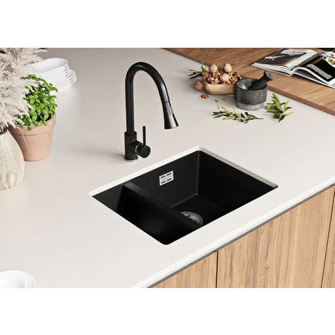 Evier Cuisine Noir Metallic, 55,5 X 45 Cm, Evier En Granit 1,5 Bac + Kit De Vidage, Evier A Encastrer De Primagran 1 Evier Cuisine Noir Metallic, 55,5 X 45 Cm, Evier En Granit 1,5 Bac + Kit De Vidage, Evier A Encastrer De Primagran