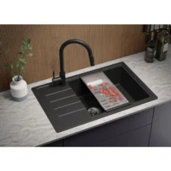 Evier Cuisine Graphite, 78 X 50 Cm, Evier En Granit 1 Bac + Kit De Vidage, Evier A Encastrer De Primagran
