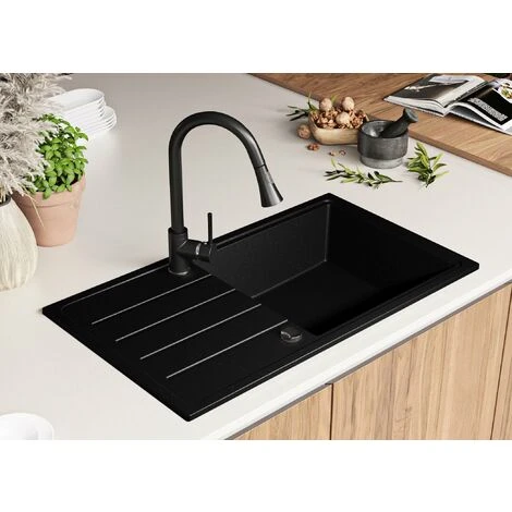 Evier Cuisine Noir Metallic, 90 X 50 Cm, Evier En Granit 1 Bac + Kit De Vidage, Evier A Encastrer De Primagran 2 Evier Cuisine Noir Metallic, 90 X 50 Cm, Evier En Granit 1 Bac + Kit De Vidage, Evier A Encastrer De Primagran – Image 2