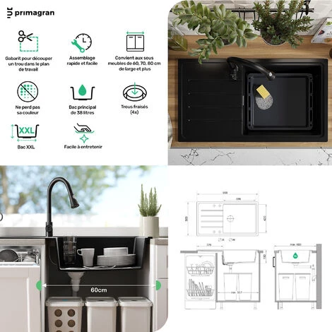 Evier Cuisine Noir Metallic, 90 X 50 Cm, Evier En Granit 1 Bac + Kit De Vidage, Evier A Encastrer De Primagran 5 Evier Cuisine Noir Metallic, 90 X 50 Cm, Evier En Granit 1 Bac + Kit De Vidage, Evier A Encastrer De Primagran – Image 5