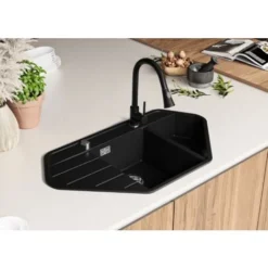 Evier D'angle En Granit Noir, 90 X 50 Cm, Evier En Granit Cuisine 1,5 Bac + Kit De Vidage, Evier A Encastrer Copenhague 900 Corner De Primagran