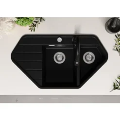 Evier D'angle En Granit Noir, 90 X 50 Cm, Evier En Granit Cuisine 1,5 Bac + Kit De Vidage, Evier A Encastrer Copenhague 900 Corner De Primagran -Promos Gout Cuisine Boutique 75073035 4