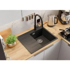 Evier Cuisine Graphite, 62 X 50 Cm, Evier En Granit 1 Bac + Kit De Vidage, Evier A Encastrer Sydney 620 De Primagran