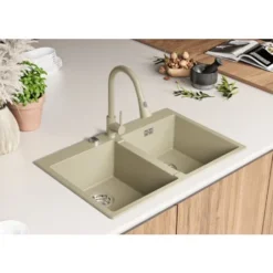 Evier Cuisine Beige, 78 X 50 Cm, Evier En Granit Cuisine 2 Bac + Kit De Vidage, Evier A Encastrer Oslo 80 Twin De Primagran