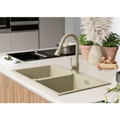 Evier Cuisine Beige, 78 X 50 Cm, Evier En Granit Cuisine 2 Bac + Kit De Vidage, Evier A Encastrer Oslo 80 Twin De Primagran -Promos Gout Cuisine Boutique 75073066 3