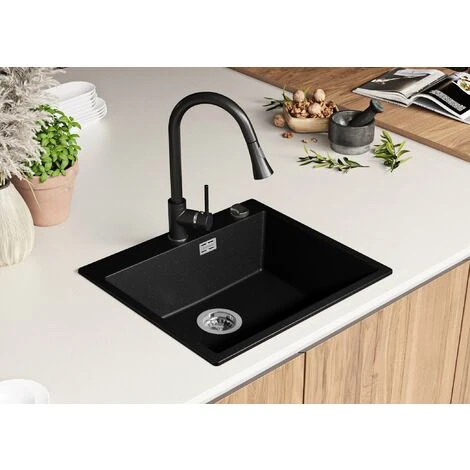 Evier Cuisine Noir Metallic, 59 X 50 Cm, Evier En Granit 1 Bac + Kit De Vidage, Evier A Encastrer Oslo 60 XL De Primagran 2 Evier Cuisine Noir Metallic, 59 X 50 Cm, Evier En Granit 1 Bac + Kit De Vidage, Evier A Encastrer Oslo 60 XL De Primagran – Image 2