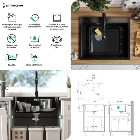 Evier Cuisine Noir Metallic, 59 X 50 Cm, Evier En Granit 1 Bac + Kit De Vidage, Evier A Encastrer Oslo 60 XL De Primagran 5 Evier Cuisine Noir Metallic, 59 X 50 Cm, Evier En Granit 1 Bac + Kit De Vidage, Evier A Encastrer Oslo 60 XL De Primagran – Image 5