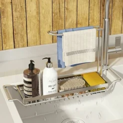 LOY Porte Eponge Evier Cuisine, Organisateur Evier Cuisine Avec Porte-Serviettes Support Evier Cuisine En Acier Inoxydable Extensible 36-44CM (Argenté) - Argent